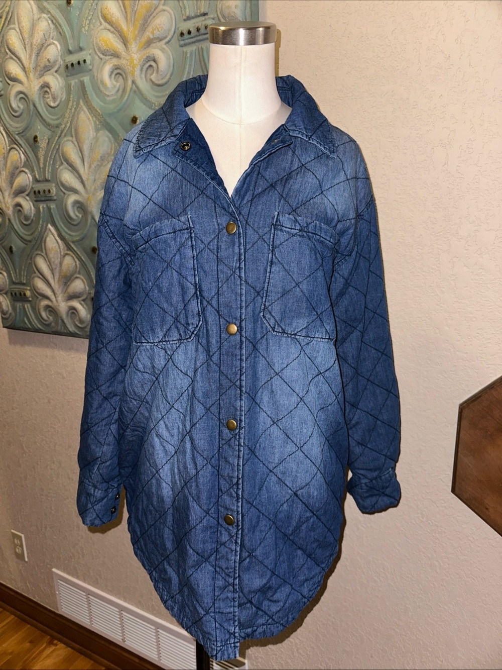 Tribal Jeans Quilted Chambray Shacket Jacket Womens XS Snap Front Cotton Blue